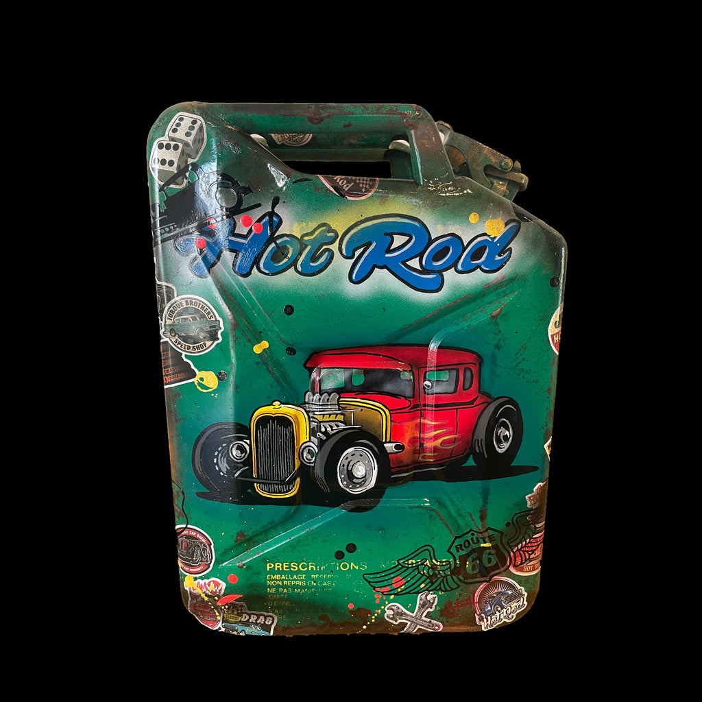 Bidon ancien acier Pop art HOT ROAD et PINUP
