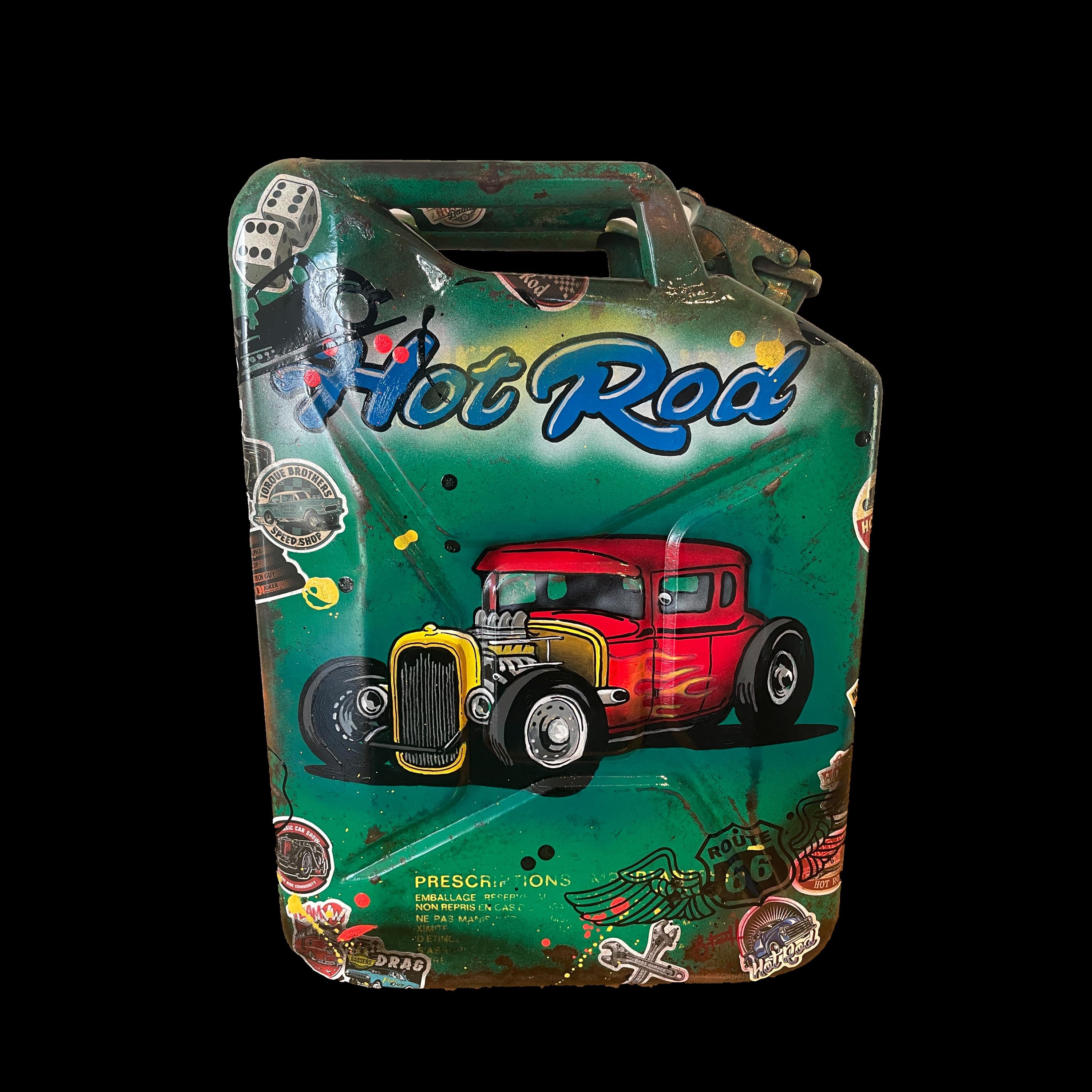 Bidon ancien acier Pop art HOT ROAD et PINUP
