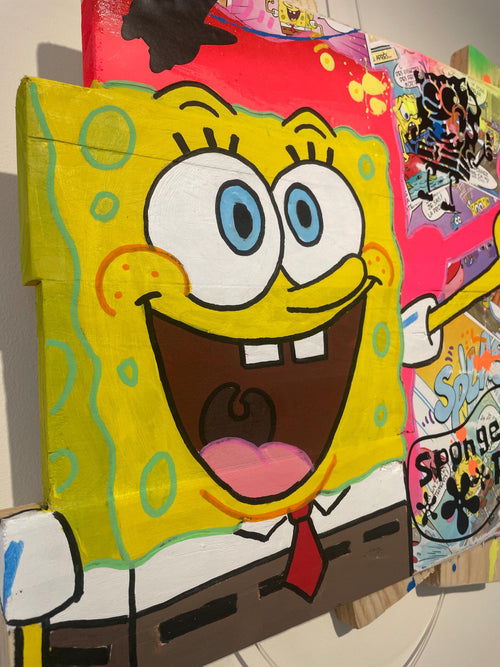 Tableau Bob l'Éponge de Vincent Streiff — vue en angle montrant le relief du bois de palette recyclé