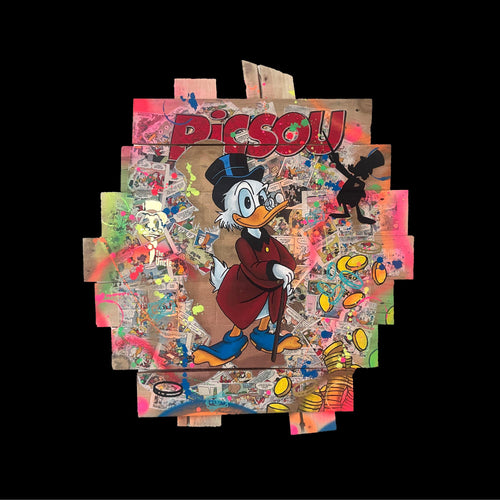 Tableau Picsou de Vincent Streiff — vue d'ensemble, pop art sur bois de palette recyclé
