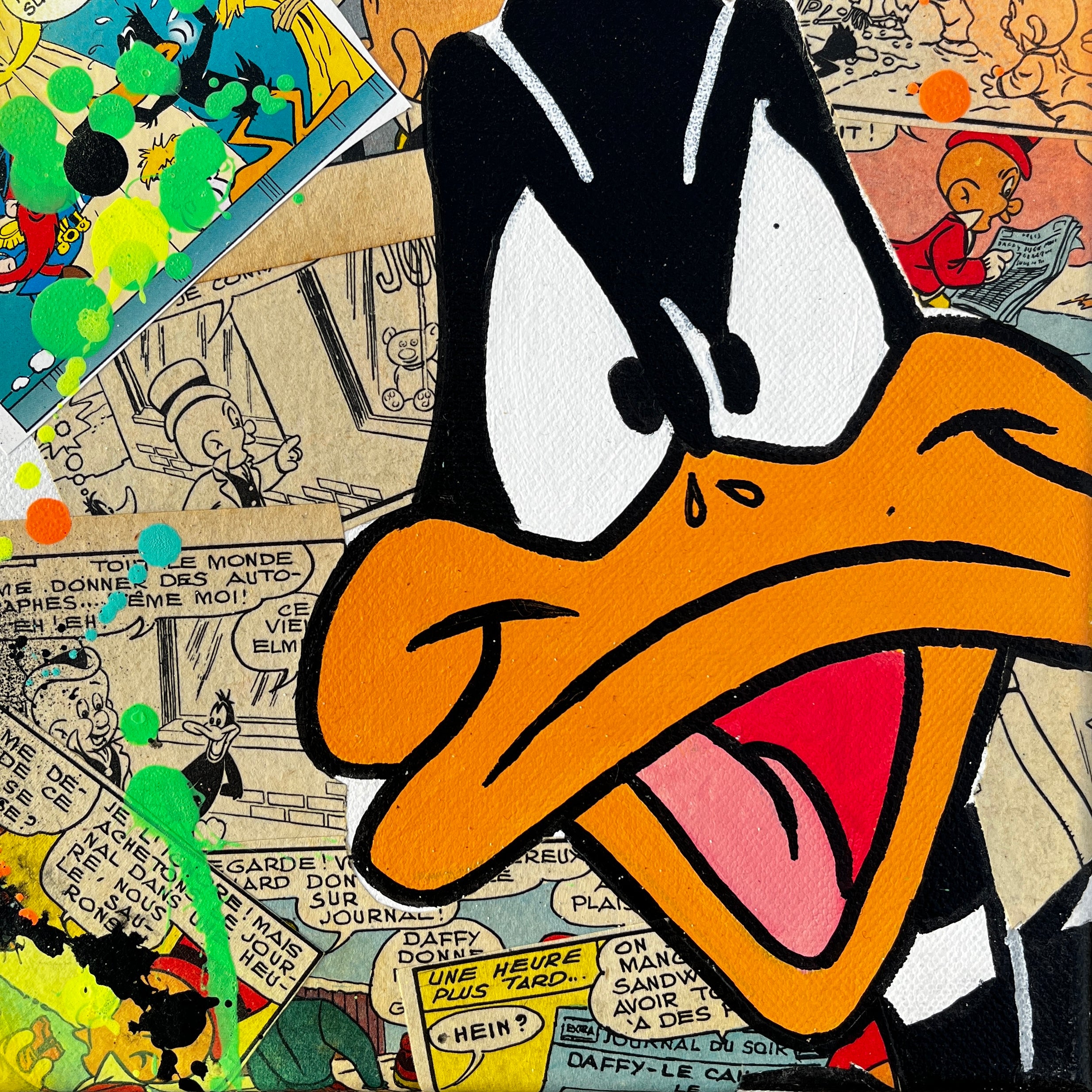 Tableau Daffy Duck face 20x20 cm peint à la main sur toile par Vincent STREIFF