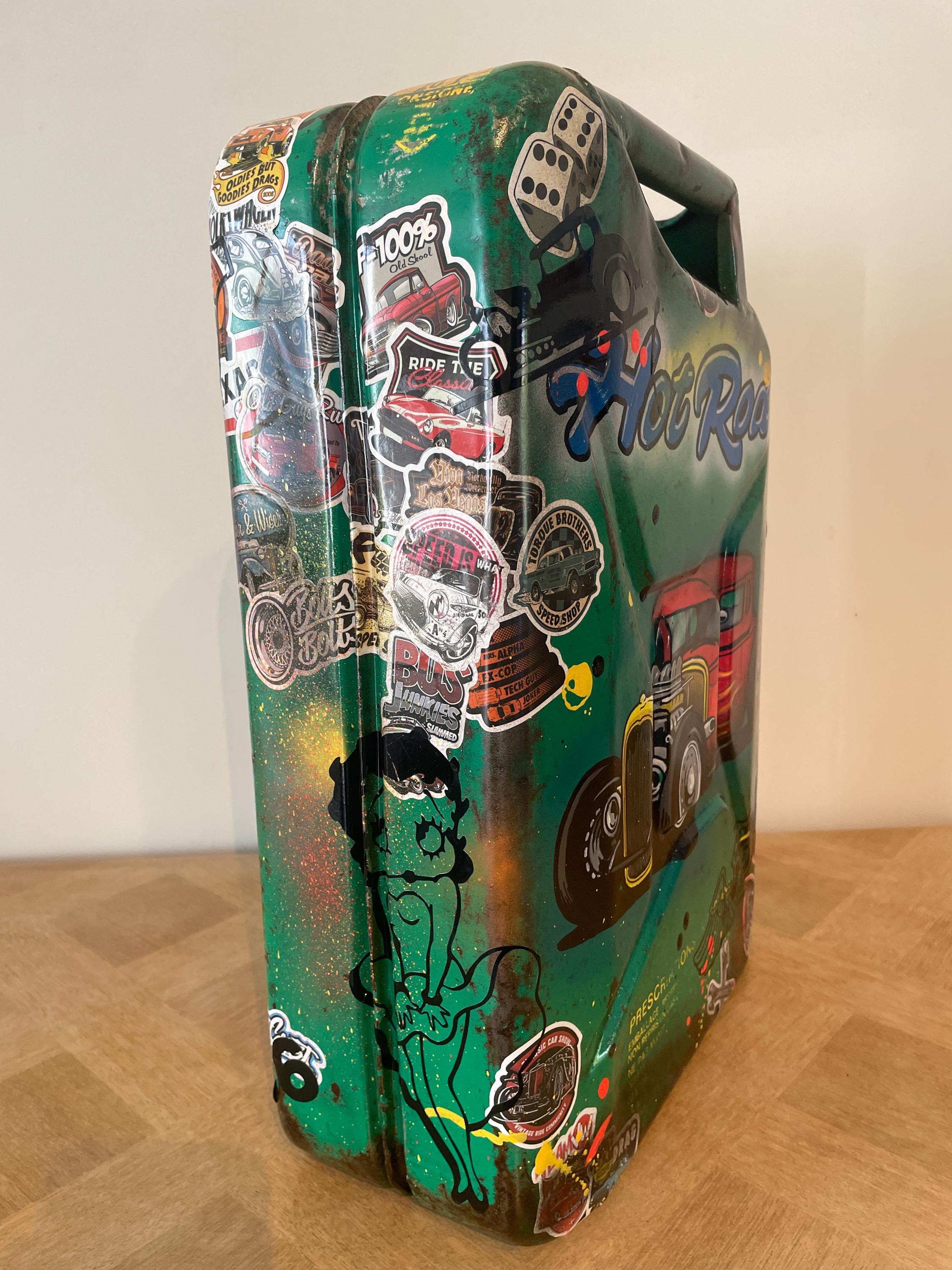 Bidon ancien acier Pop art HOT ROAD et PINUP