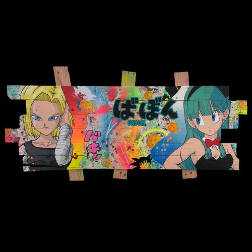Tableau C18 et Bulma de Vincent Streiff — vue d'ensemble, pop art Dragon Ball sur bois de palette recyclé