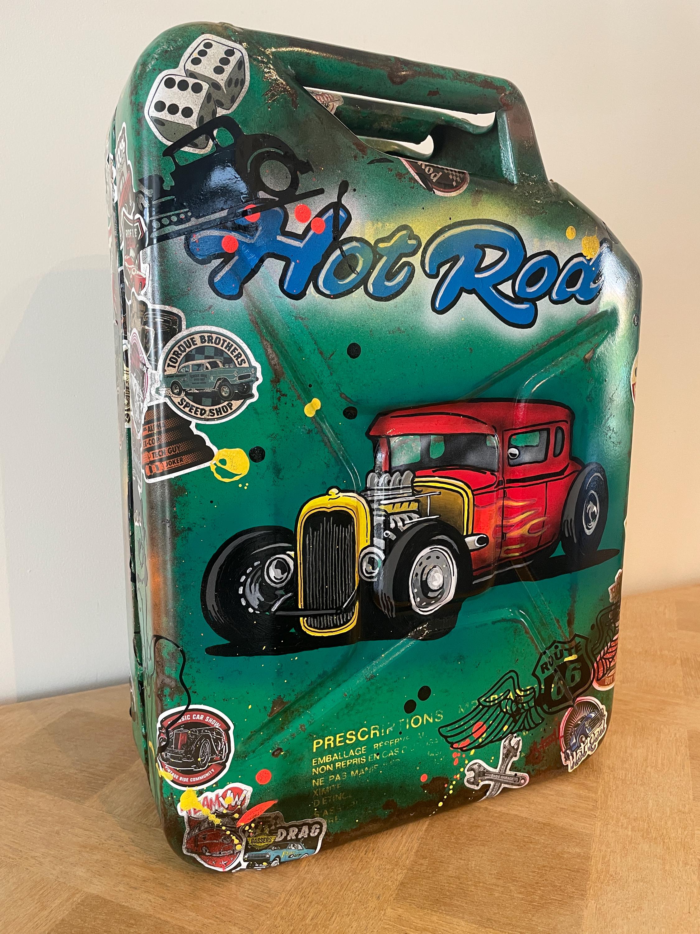 Bidon ancien acier Pop art HOT ROAD et PINUP