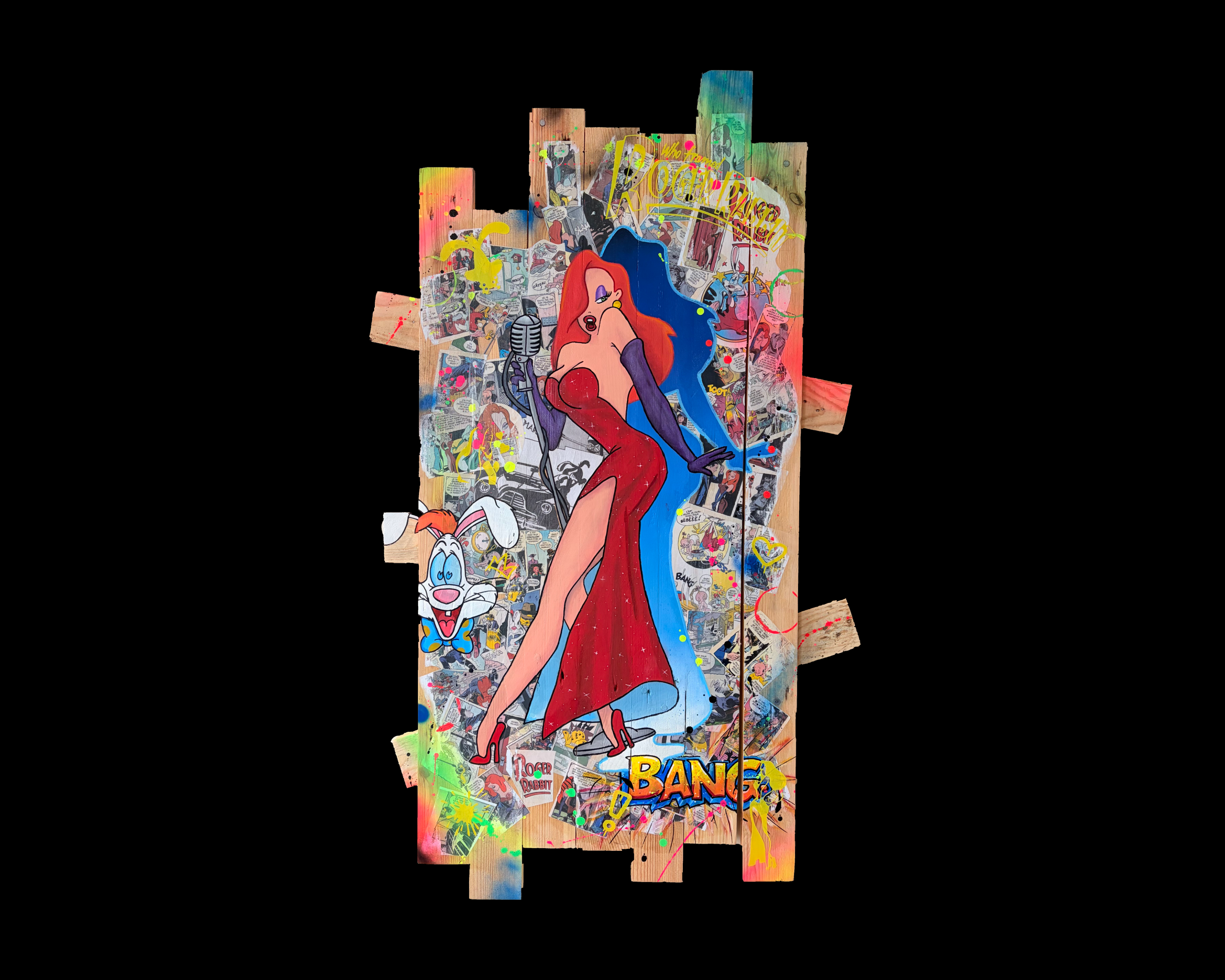 Tableau Jessica Rabbit et Roger de Vincent Streiff — vue d'ensemble, pop art sur bois de palette recyclé