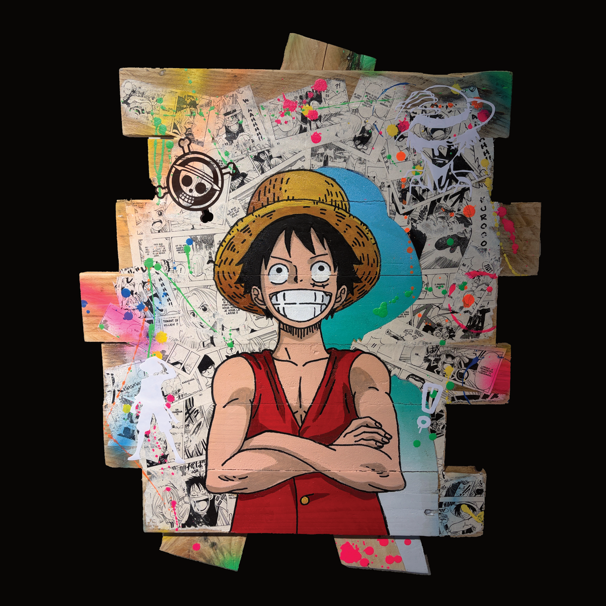 Monkey D. Luffy One Piece — tableau pop art sur bois de palette recyclé, vue d'ensemble