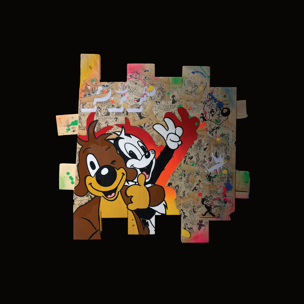 Pif et Hercule — tableau pop art sur bois de palette recyclé, vue d'ensemble